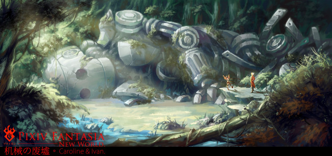 Обои картинки фото аниме, pixiv fantasia, saceya, fantasia, робот, девушка, парень, арт, pixiv