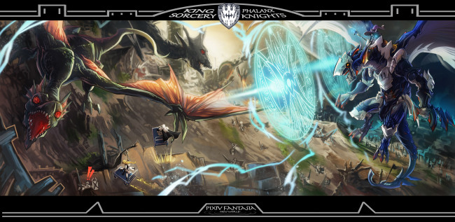 Обои картинки фото аниме, pixiv fantasia, бой, драконы, магия, арт, todee, pixiv, fantasia