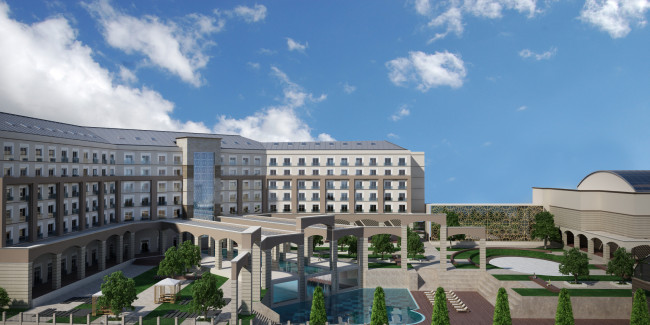 Обои картинки фото 3д графика, архитектура , architecture, шезлонги, бассейн, небо, облака, деревья, дом