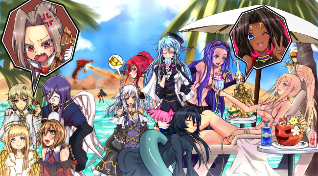 Обои картинки фото аниме, pixiv fantasia, дракон, море, лето, пляж, девушки, арт, omimushi, эльф, ангел, парни, пламя, fantasia, pixiv, персонажи