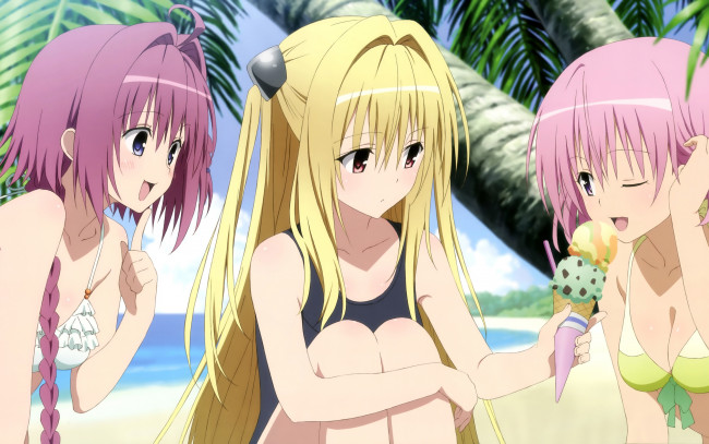 Обои картинки фото аниме, to-love-ru, мороженое, пляж, девушки