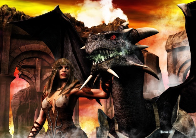 Обои картинки фото 3д графика, фантазия , fantasy, дракон, фон, взгляд, девушка
