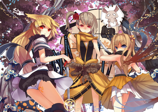 Обои картинки фото аниме, pixiv fantasia, pixiv, fantasia, rain, lan, арт, трио, деревья, цветы, девушки, фантастика