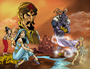 Картинка рисованное комиксы джин мужчина девушка фон взгляд