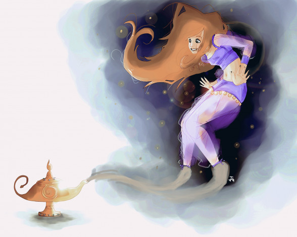 Обои картинки фото рисованное, комиксы, джин, лампа, фон, девушка