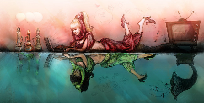 Обои картинки фото рисованное, комиксы, фон, отражение, девушка