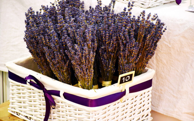 Обои картинки фото цветы, лаванда, ленты, корзинка
