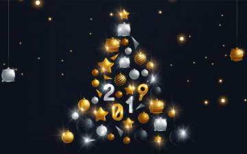 Картинка с+новым+2019+годом праздничные 3д+графика+ новый+год новогодняя елка 4к золотые украшения из шариков с новым годом