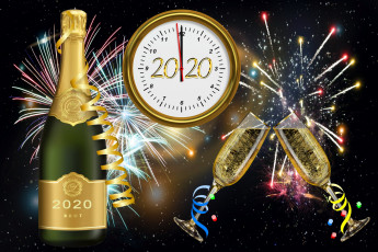 Картинка праздничные угощения серпантин бокалы часы шампанское