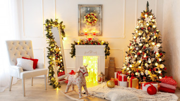 Картинка праздничные ёлки подарки камин елка