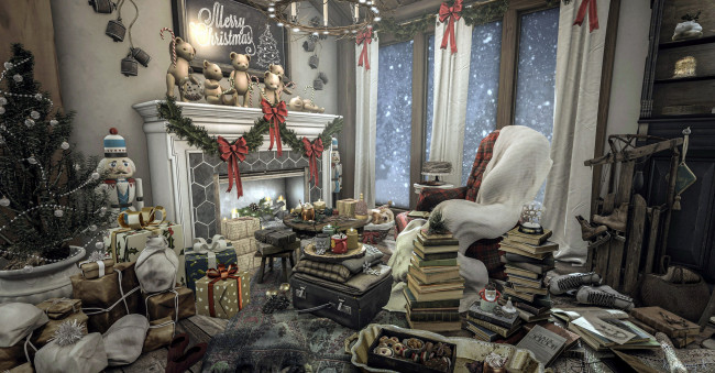 Обои картинки фото праздничные, новогодний очаг, кресло, камин, елка