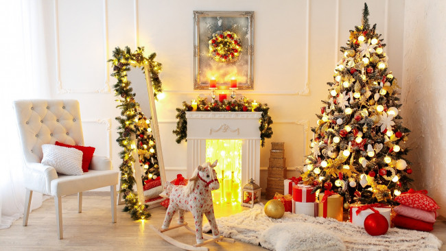 Обои картинки фото праздничные, ёлки, подарки, камин, елка