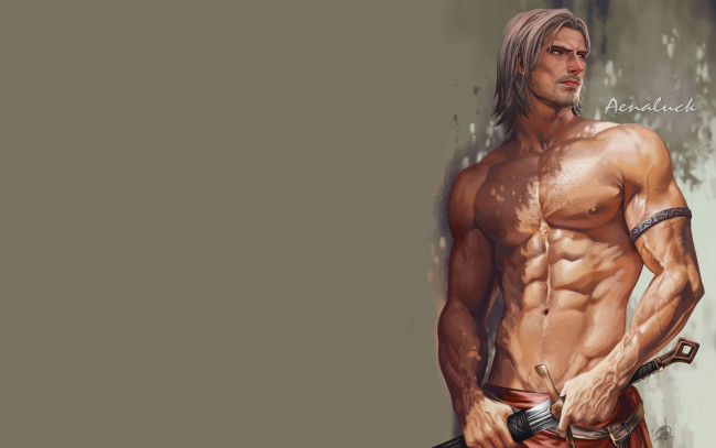 Обои картинки фото фэнтези, люди, меч, торс, воин