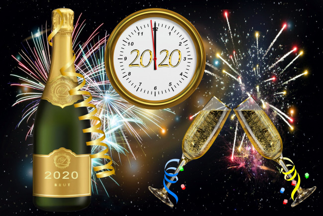 Обои картинки фото праздничные, угощения, серпантин, бокалы, часы, шампанское