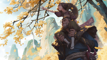 Картинка фэнтези люди девочка мужчина осень дерево воздушный змей