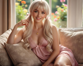 Картинка нейросеть 3д+графика люди+ people девушка блондинка бантики макияж улыбка цепочка кулон сердечко ночнушка платье диван подушки боке занавески окно цветы