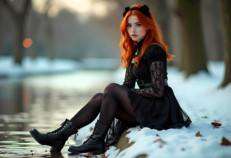 Картинка 3д+графика люди+ people девушка рыжая колготки платье ботинки снег зима лужи