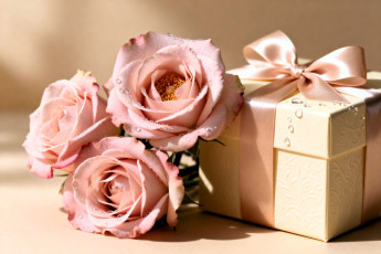обоя 3д графика, цветы , flowers, розы, капли, коробка, подарок, бант
