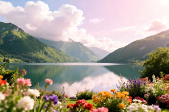 обоя 3д графика, природа , nature, горы, леса, облака, озеро, цветы