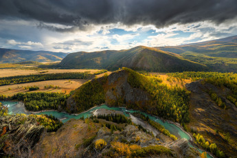 обоя природа, реки, озера, небо, тучи, горы, долины, леса, деревья, река