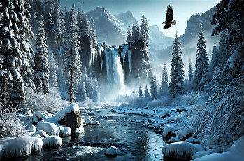 обоя 3д графика, природа , nature, горы, снег, лед, камни, лес, водопад, река