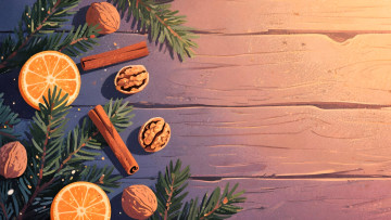 Картинка праздничные -+разное+ новый+год ёлка ветки корица орехи лимоны