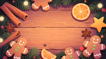 обоя праздничные, угощения, ёлка, ветки, корица, пряники, ваниль, лимон