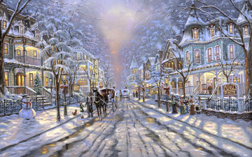 обоя рисованное, robert finale, дома, особняки, свет, зима, снег, дорога, повозки, снеговик