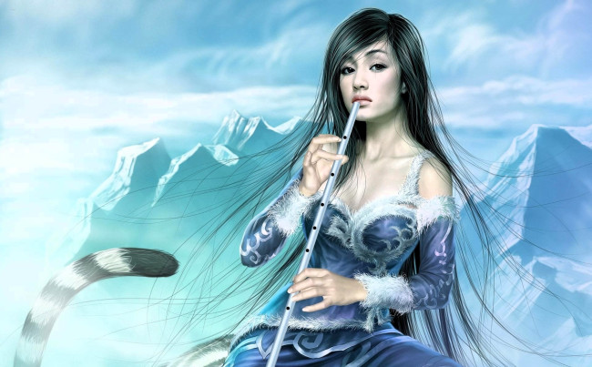 Обои картинки фото фэнтези, девушки, девушка, платье, флейта, хвост, горы, снег