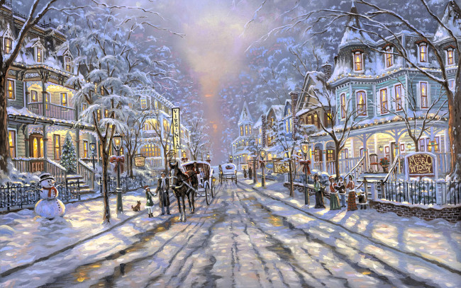 Обои картинки фото рисованное, robert finale, дома, особняки, свет, зима, снег, дорога, повозки, снеговик