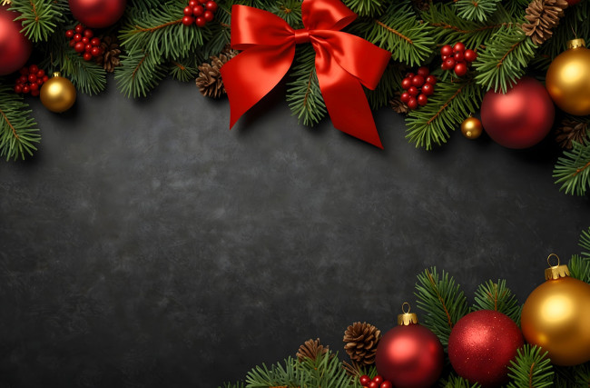 Обои картинки фото праздничные, украшения, ёлка, ветки, ягоды, бант, шары
