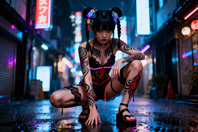 Обои картинки фото 3д графика, люди , people, девушка, тату, белье, город, неон, улица, киберпанк