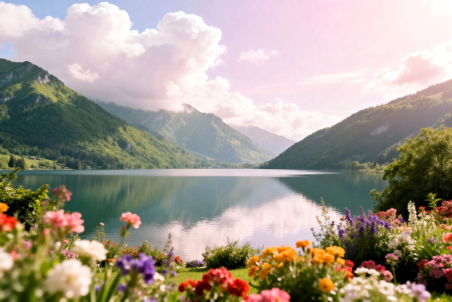 Обои картинки фото 3д графика, природа , nature, горы, леса, облака, озеро, цветы