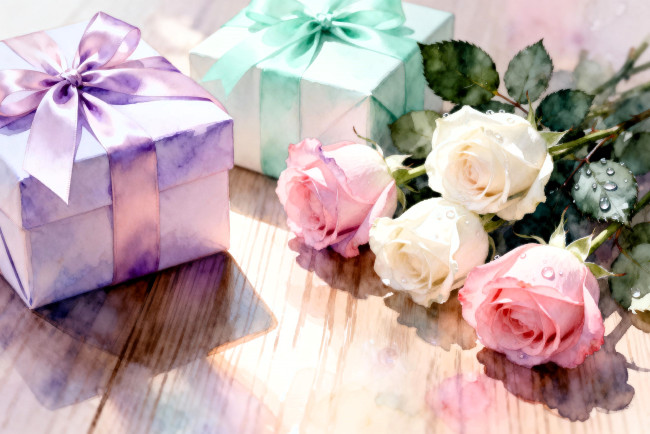 Обои картинки фото рисованное, цветы, коробки, подарки, розы