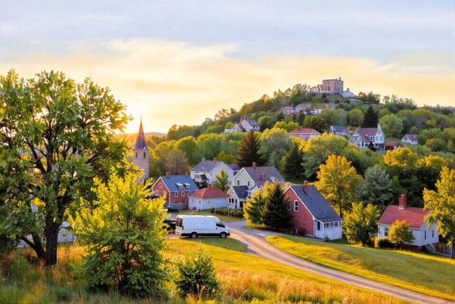 Обои картинки фото рисованное, города, город, дома, машины, дорога, горы, лес, деревья