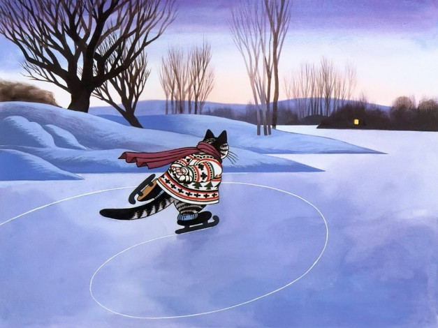 Обои картинки фото kliban, cats, рисованные, bernard, коньки, кот