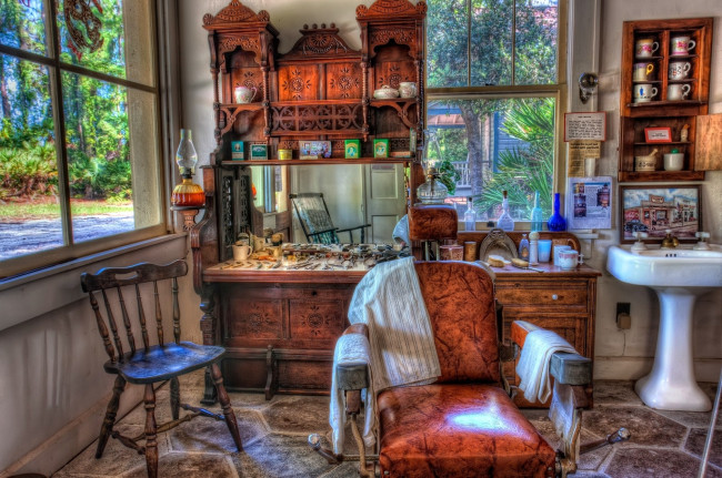 Обои картинки фото интерьер, другое, стул, умывальник, бритвы, кресло, парикмахерская