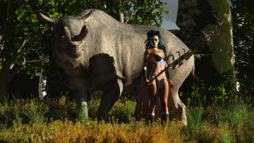 Картинка 3д графика fantasy фантазия оружие лес девушка животное