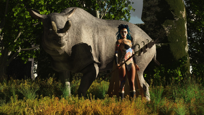 Обои картинки фото 3д, графика, fantasy, фантазия, оружие, лес, девушка, животное