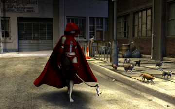 Картинка 3д+графика fantasy+ фантазия девушка кошка двор плащ кошки