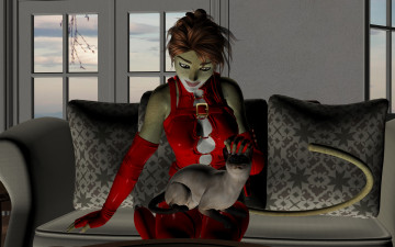 Картинка 3д+графика fantasy+ фантазия диван кошка комната девушка