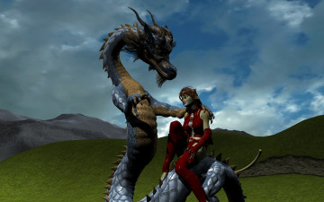 Картинка 3д+графика fantasy+ фантазия дракон девушка кошка