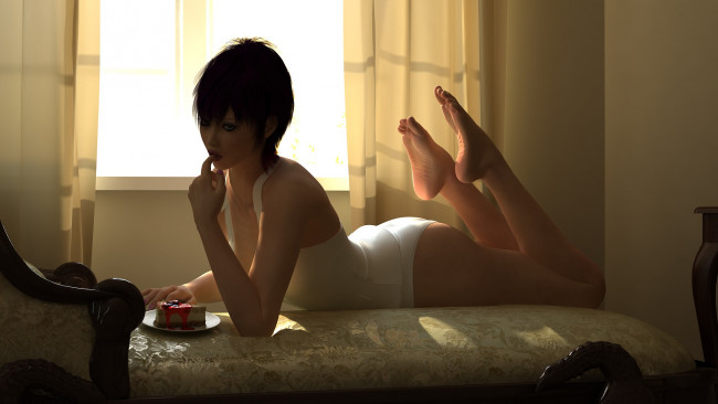 Обои картинки фото 3д графика, people , люди, пирожное, кровать, девушка