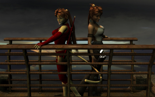 Обои картинки фото 3д графика, fantasy , фантазия, девушка, кошка, мостик