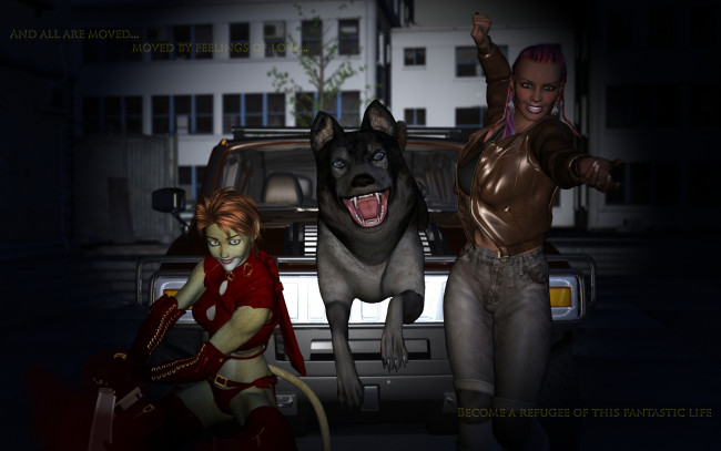 Обои картинки фото 3д графика, fantasy , фантазия, девушка, кошка, собака