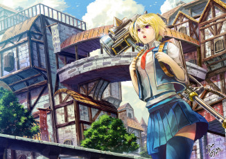 Картинка аниме город +улицы +здания юбка девушка взгляд форма галстук