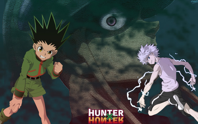 Обои картинки фото аниме, hunter x hunter, киллуа, золдик, гон, фрикс, коллаж