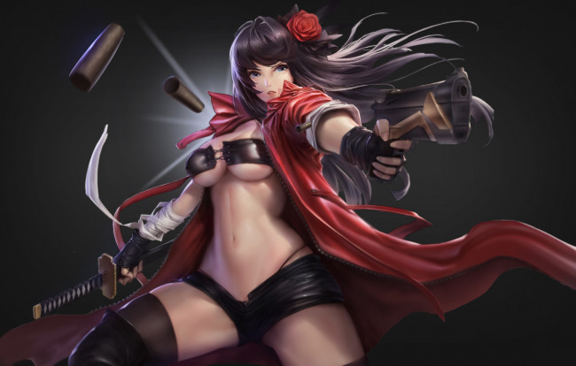 Обои картинки фото аниме, оружие,  техника,  технологии, взгляд, поза, грудь, девушка, эротика, цветок, волосы, роза