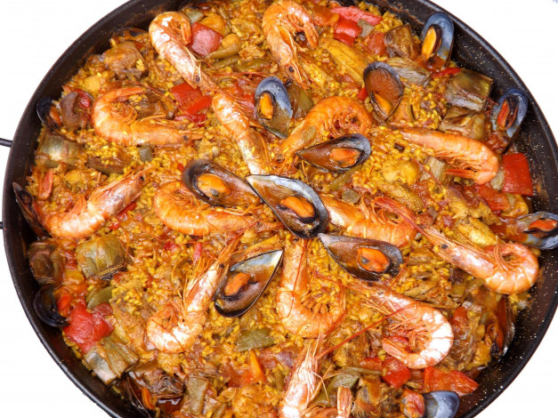 Обои картинки фото еда, рыбные блюда,  с морепродуктами, мидии, рис, креветки, паэлья