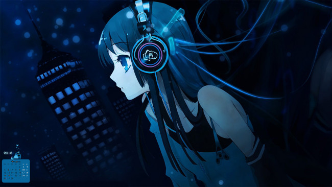 Обои картинки фото календари, аниме, 2018, девушка, взгляд, профиль, наушники